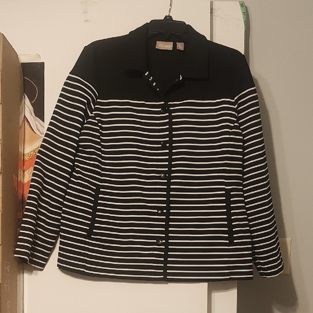Chico's Black and White Striped Knit Button Front Jacket